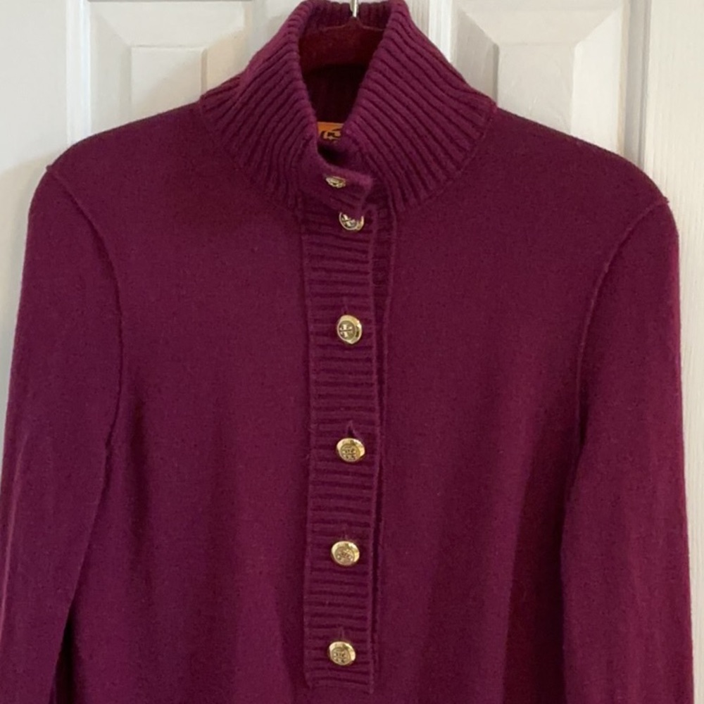 Tory Burch Dark Raspberry Wool/Cashmere Blend Sweater w/ Gold Logo Buttons - Picture 3 of 11